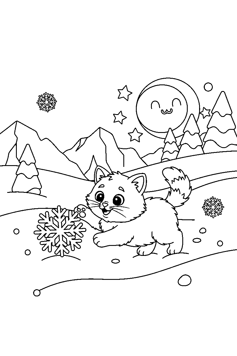 kitten playing happily in a polar landscape line art