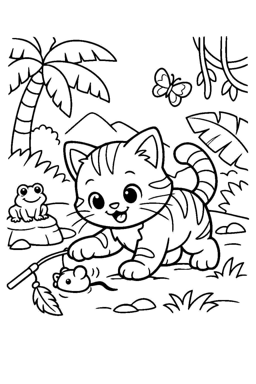 kitten playing with a toy in the rainforest line art