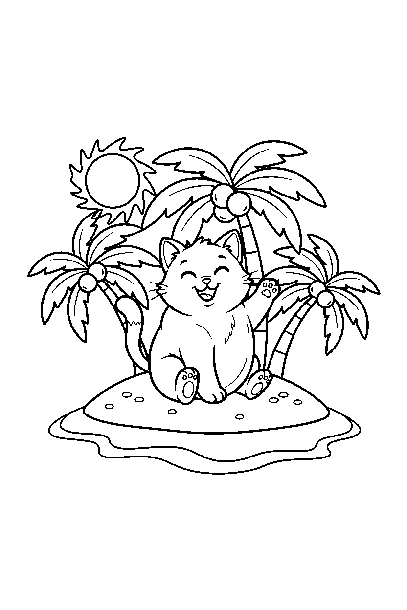 kitten posing happily on a tropical island line art