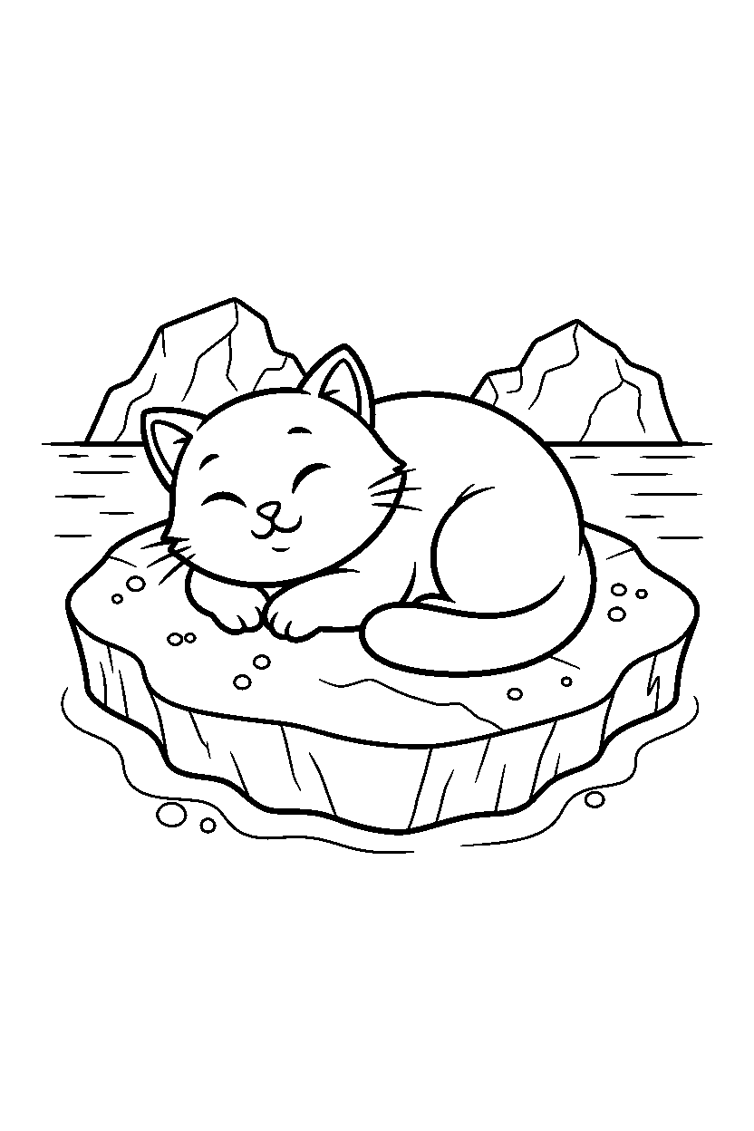 kitten relaxing peacefully on sea ice line art