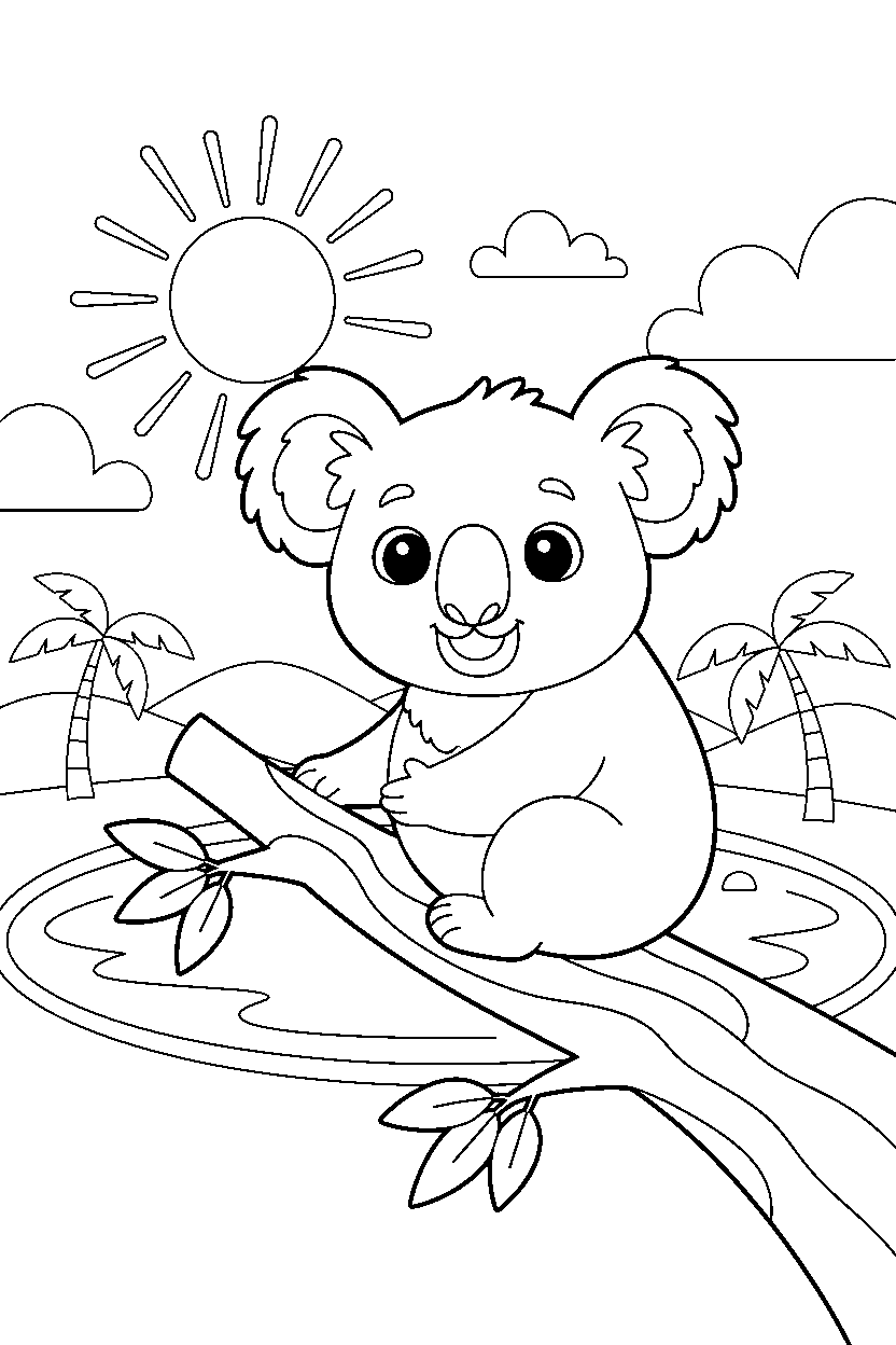 koala looking happy near a lagoon line art
