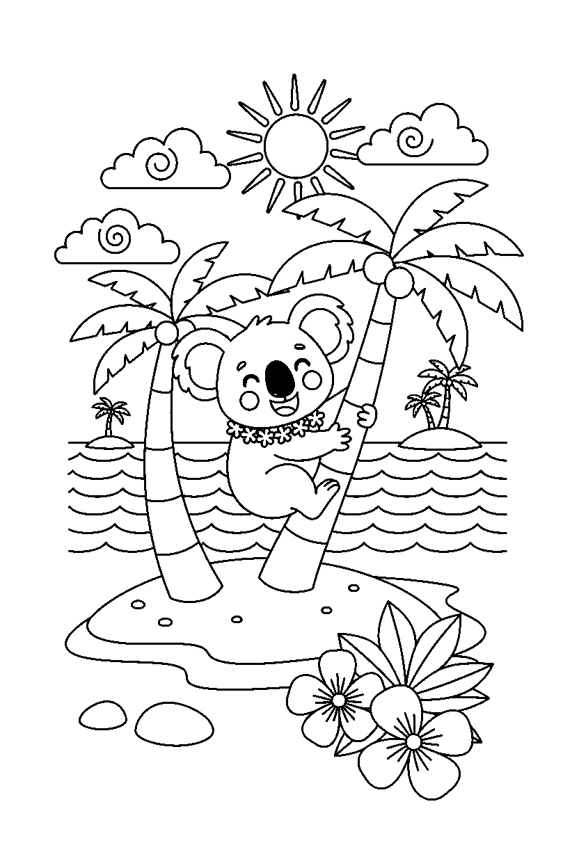 koala playing happily on a tropical island line art
