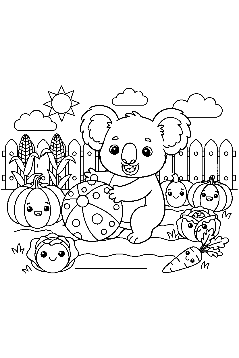 koala playing with a ball in a vegetable garden line art