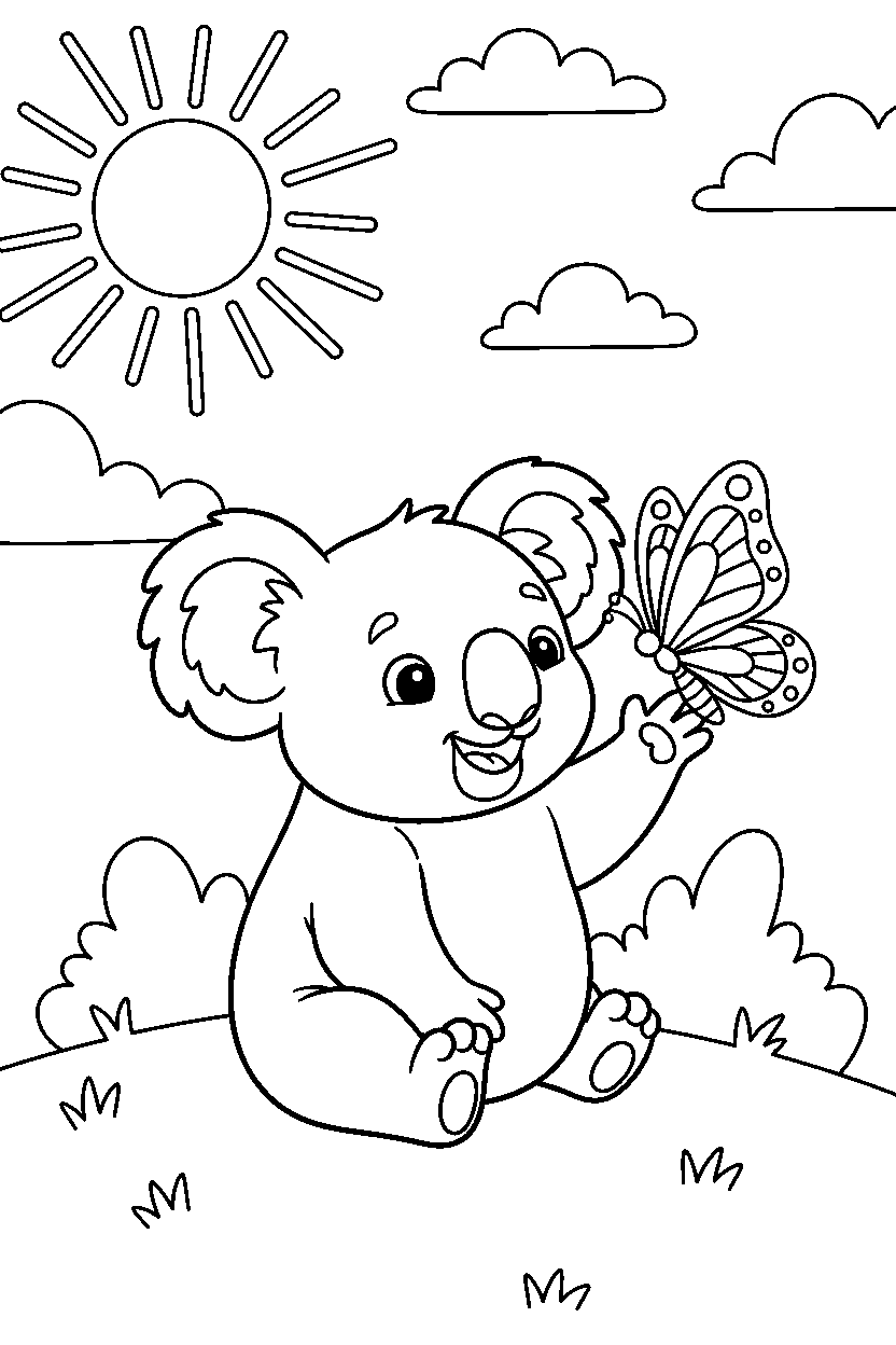 koala playing with a butterfly on a grassy hill line art
