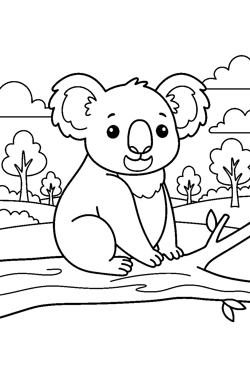 koala sitting calmly in the countryside line art