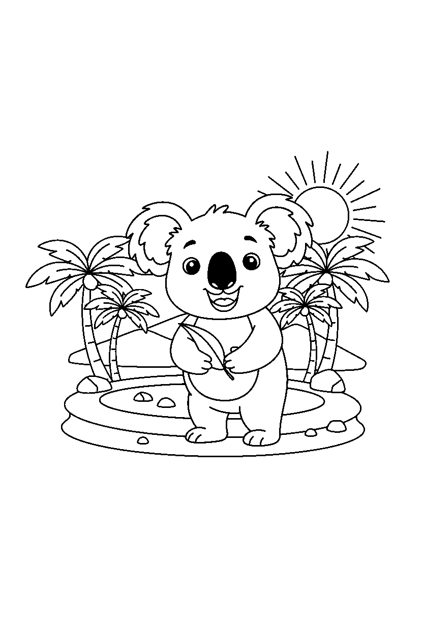 koala standing happily in an oasis line art