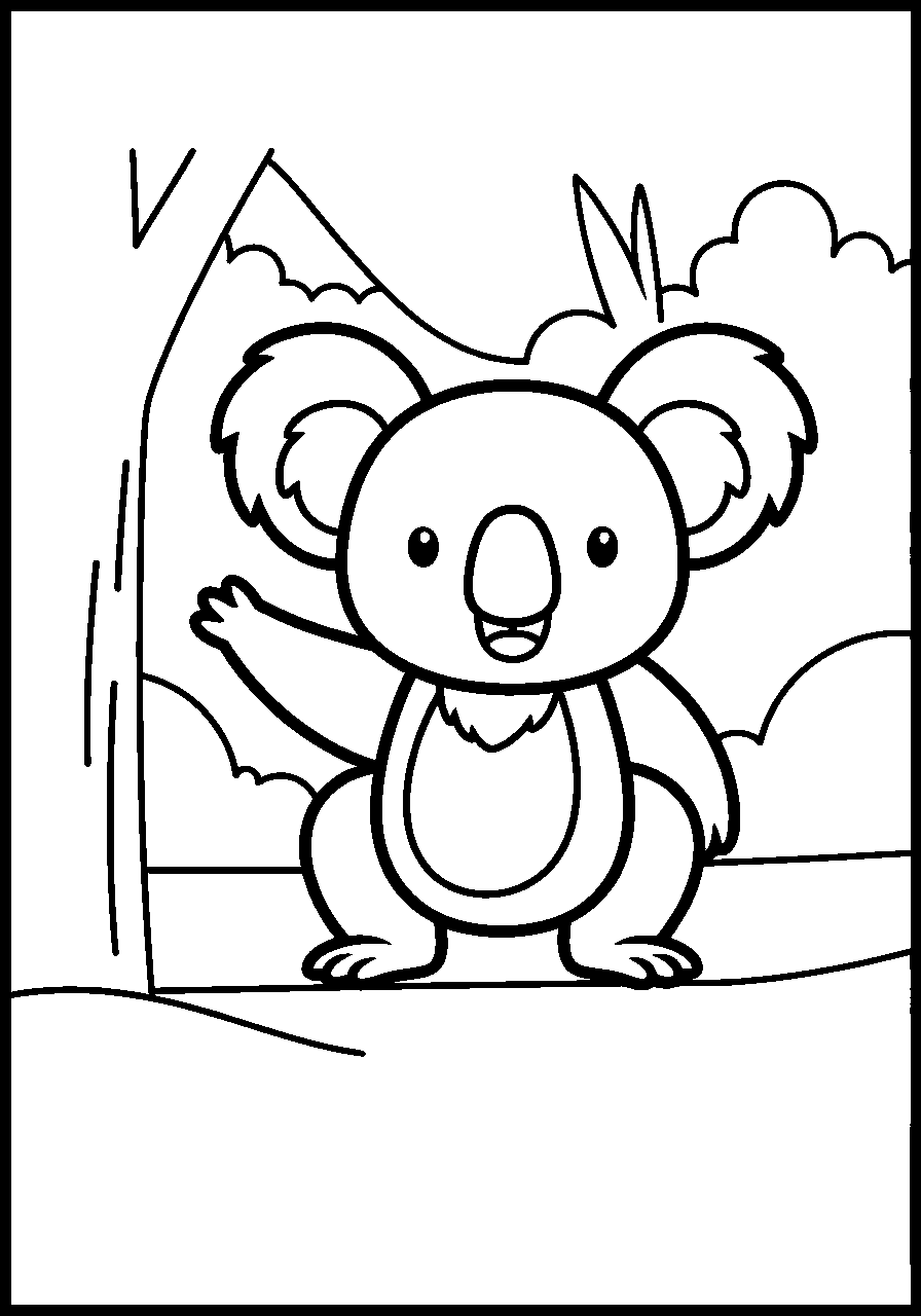 koala waving in a zoo habitat line art