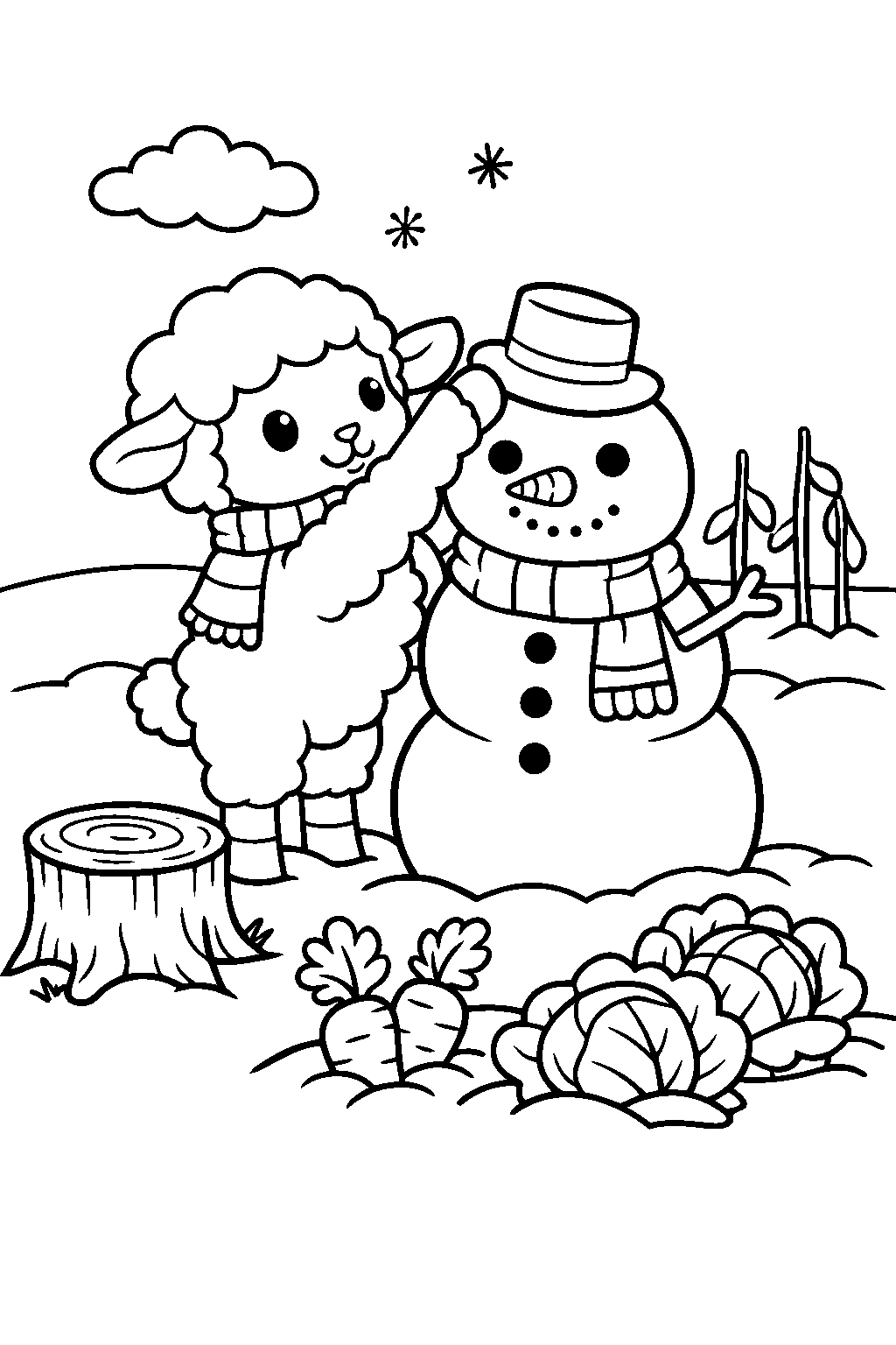 lamb building a snowman in a vegetable garden line art