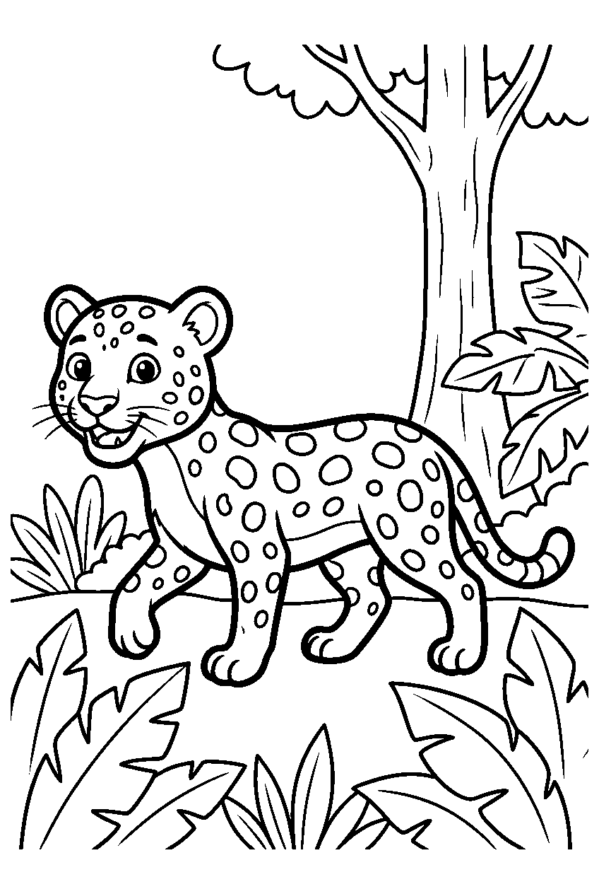 leopard running slowly in a jungle clearing line art