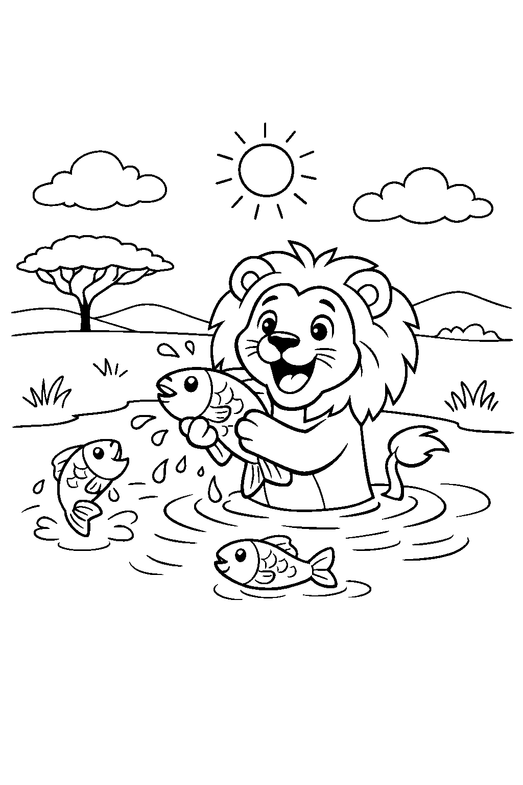 lion catching fish on the savanna line art