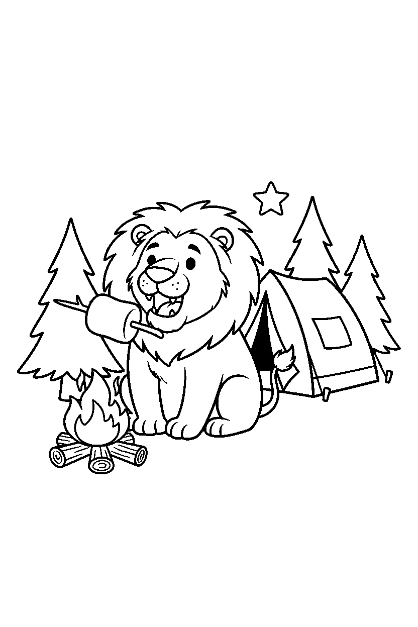 lion eating a snack at a campground line art