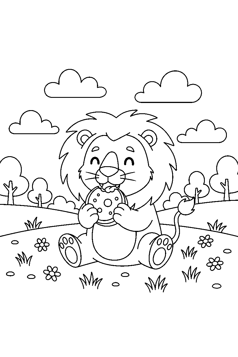 lion eating a snack in a sunny meadow line art