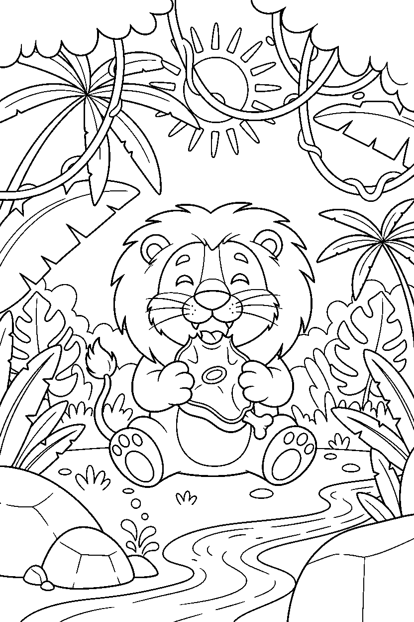 lion eating happily in a jungle clearing line art