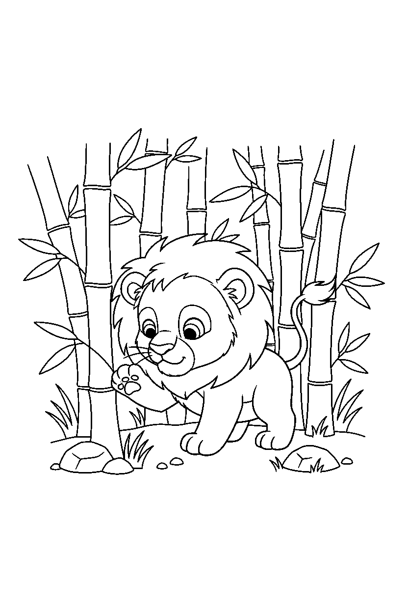 lion exploring curiously in a bamboo forest line art