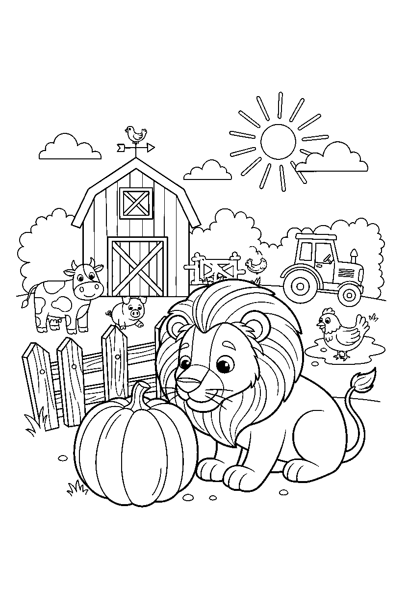 lion exploring curiously on a farm line art