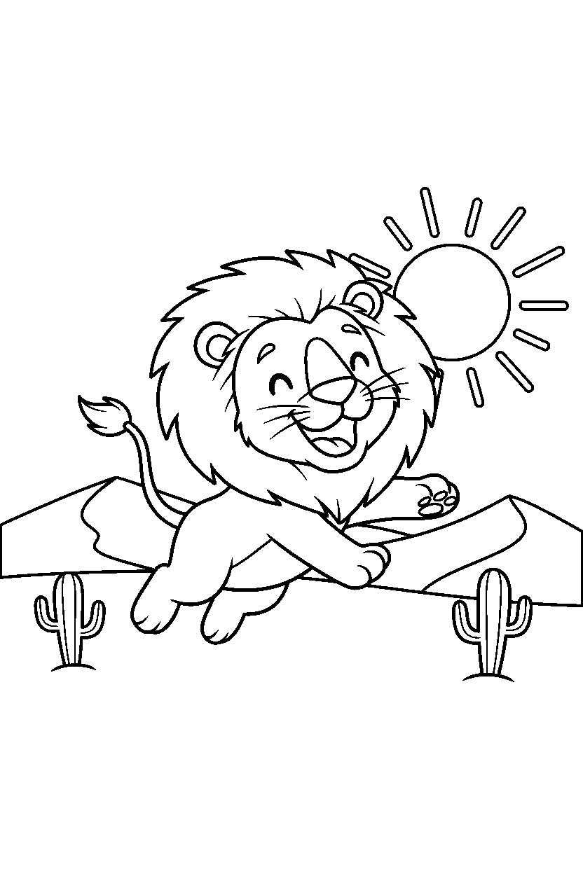 lion hopping happily in a desert line art