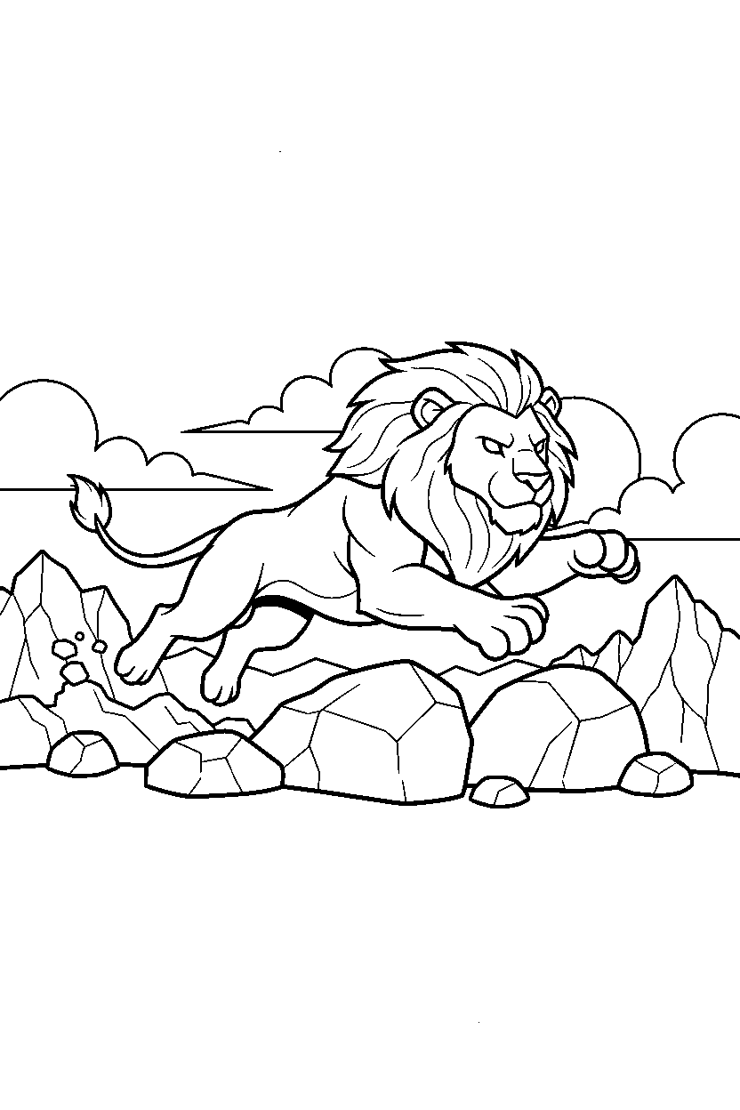 lion jumping in rocky area line art