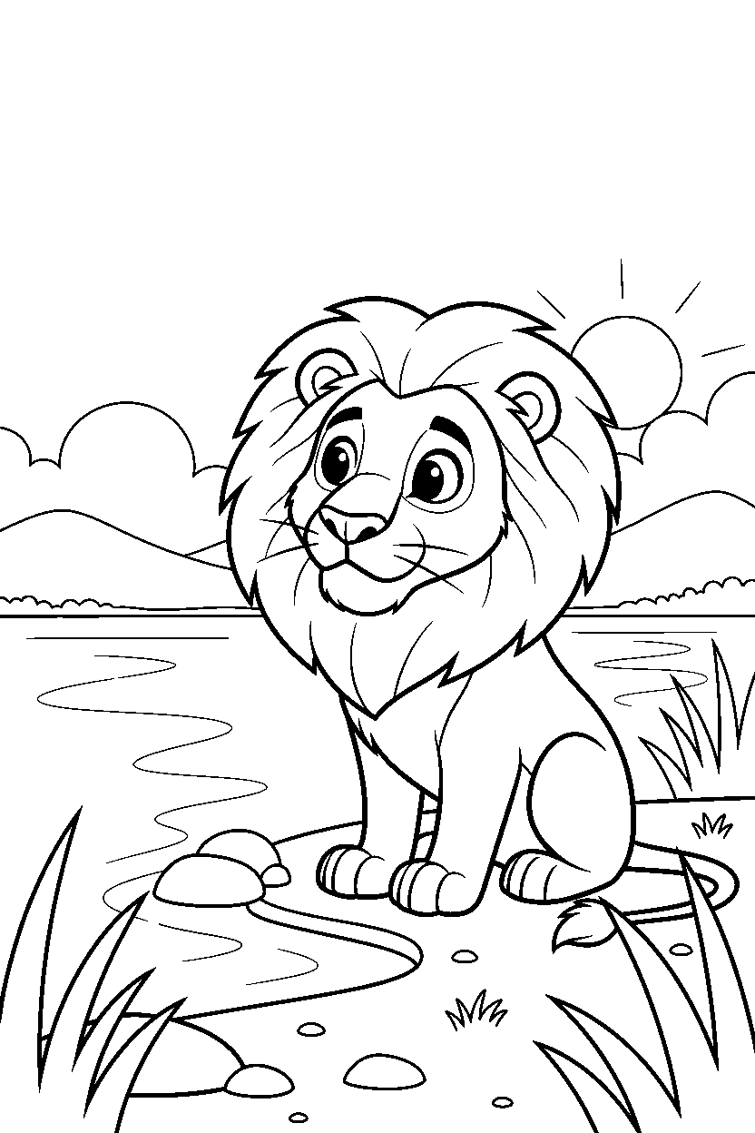 lion looking curious on a lake shore line art