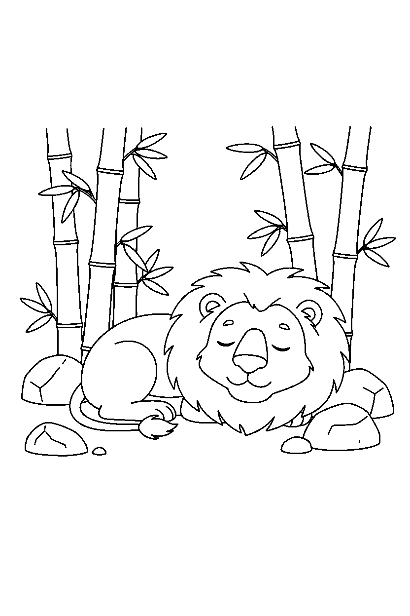 lion napping calmly in a bamboo forest line art