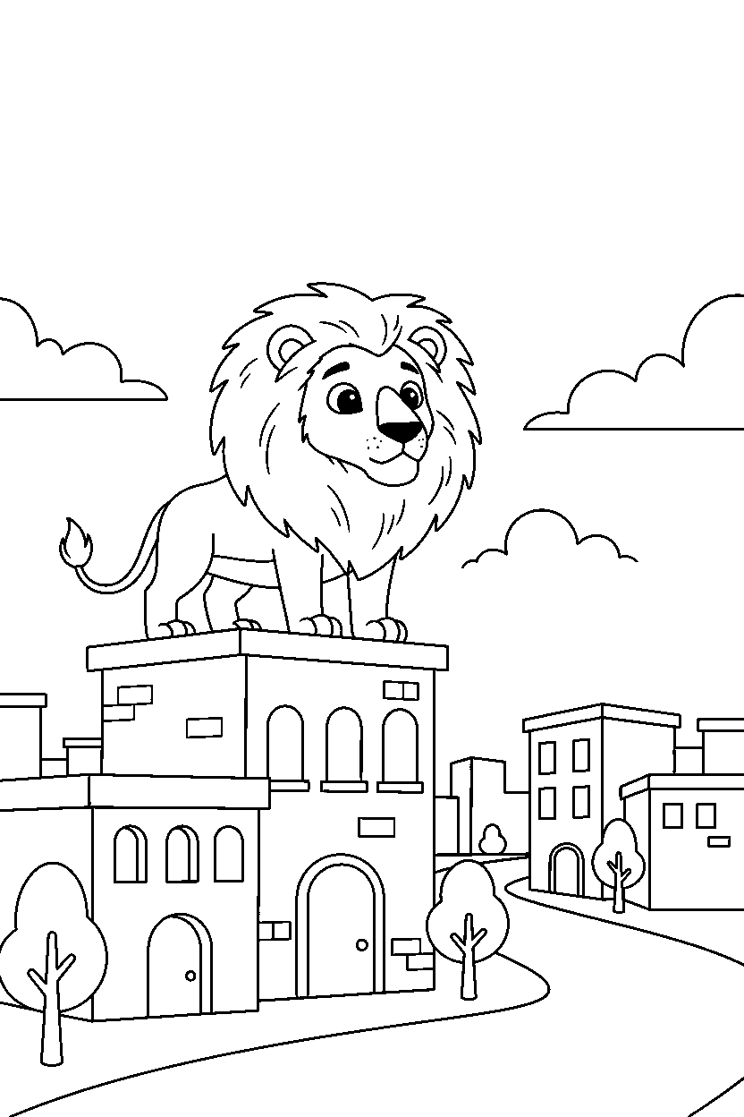 lion observing in town line art