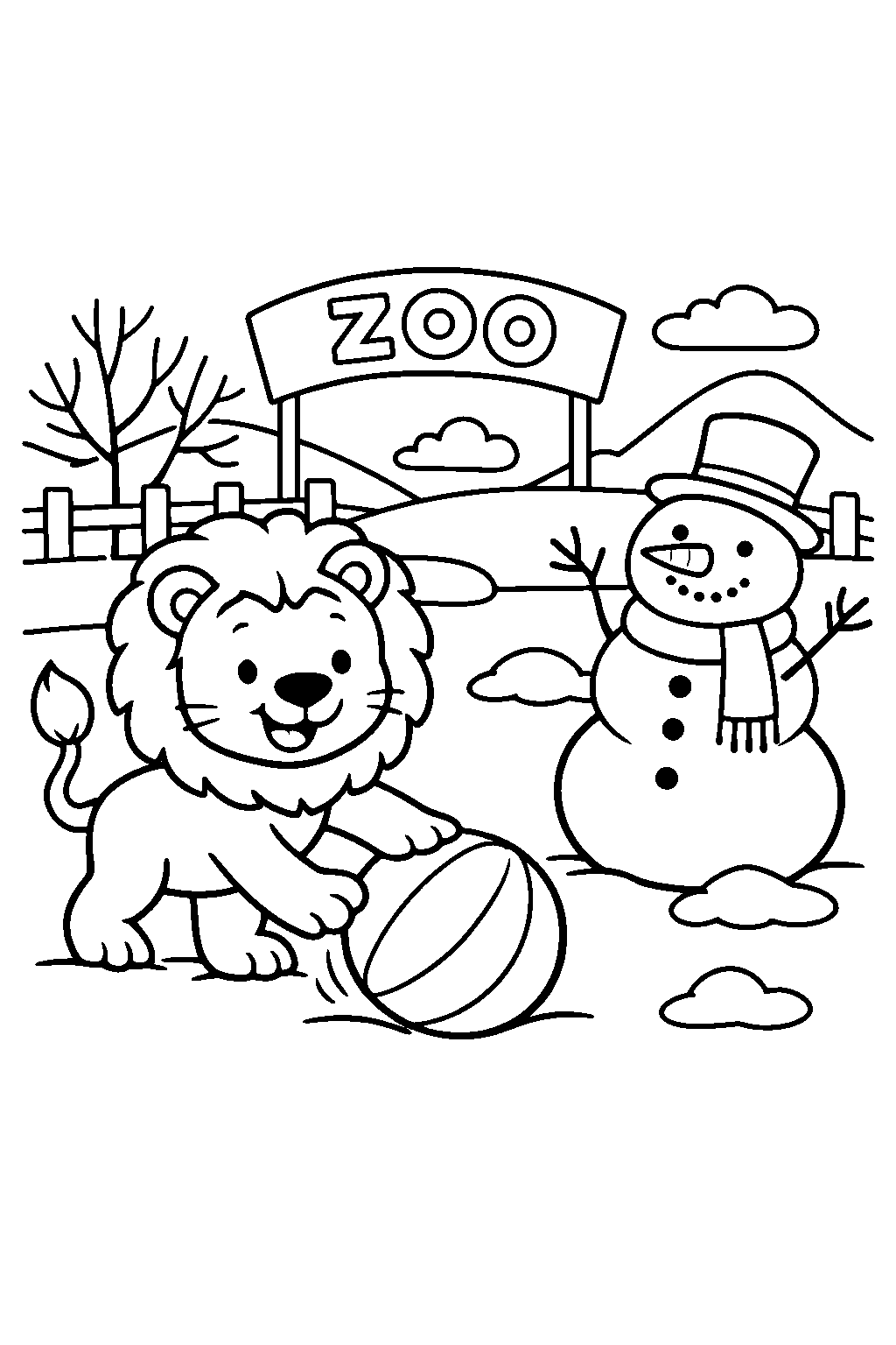 lion playing with a ball in a zoo habitat line art