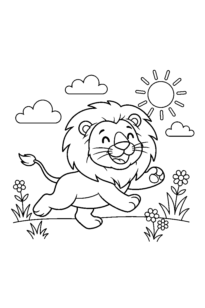 lion running happily in a sunny meadow line art