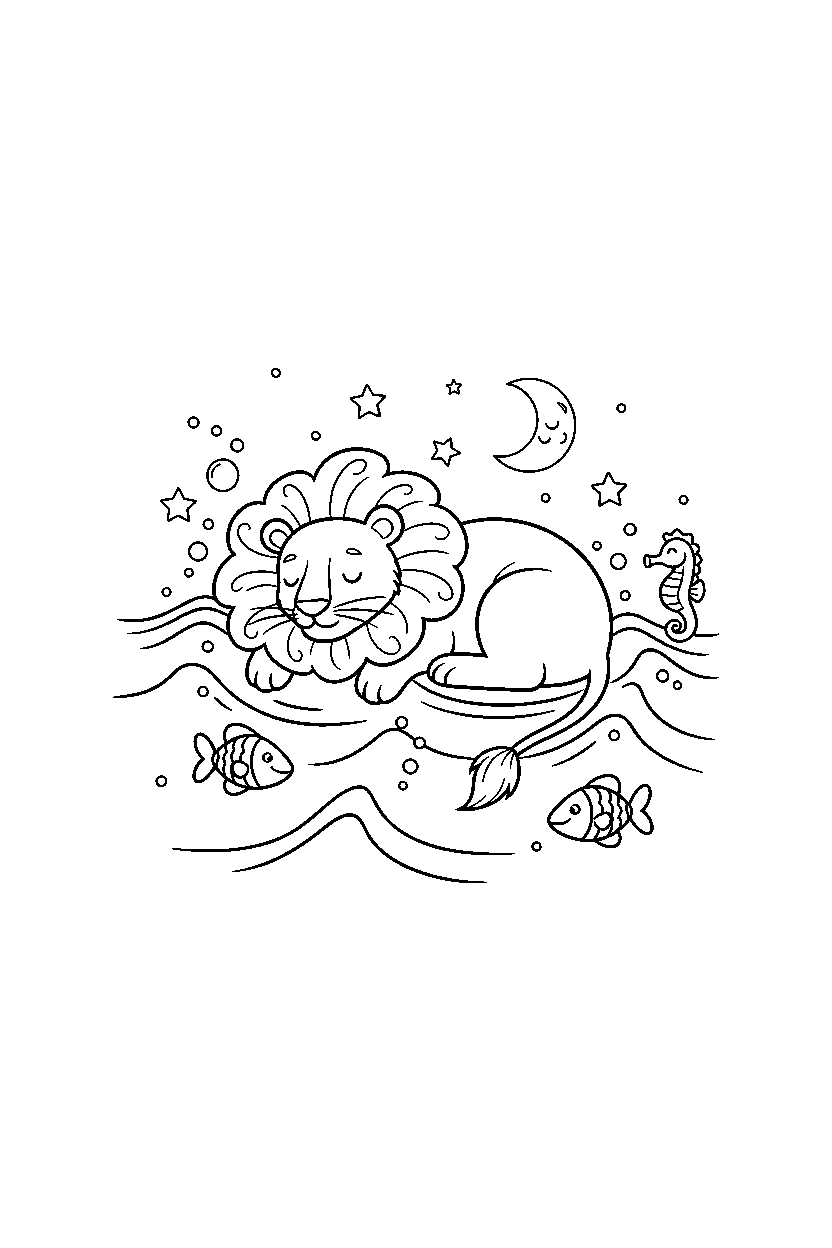 lion sleeping peacefully in the ocean line art