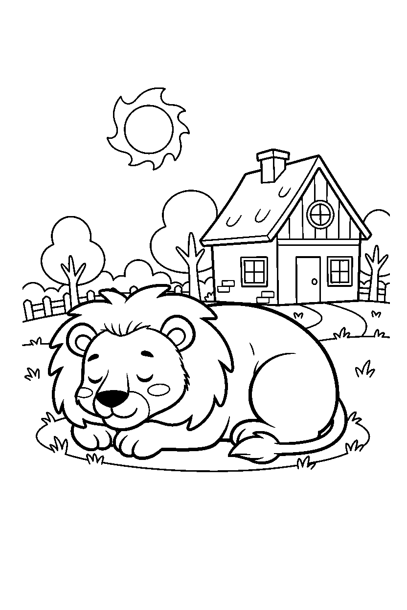 lion sleeping peacefully near a farmhouse line art