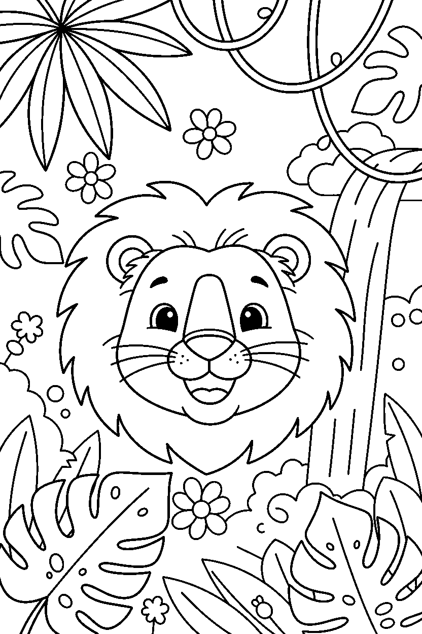 lion smiling happily in the rainforest line art