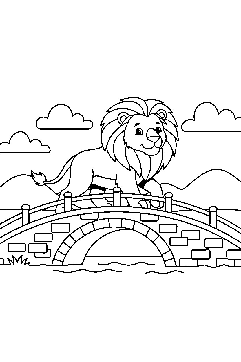 lion walking slowly on bridge line art