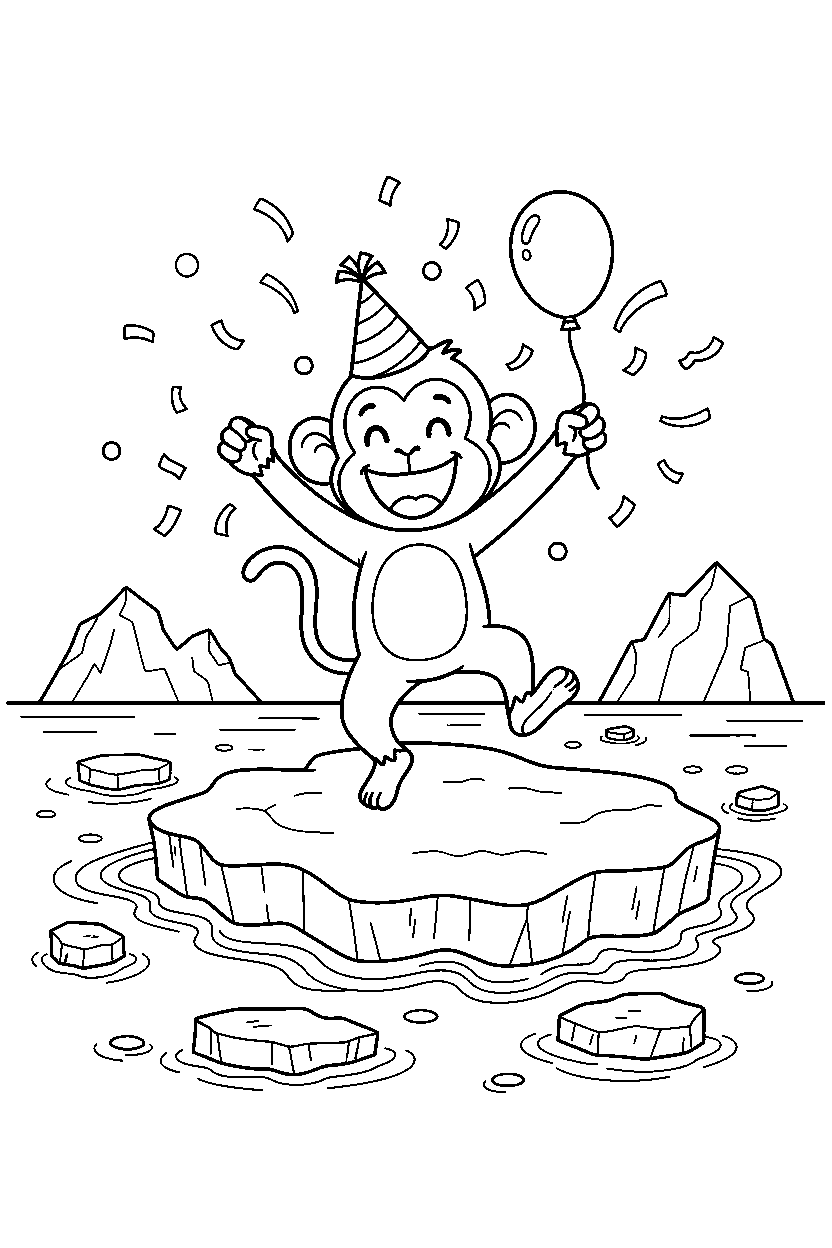 monkey celebrating happily on sea ice line art