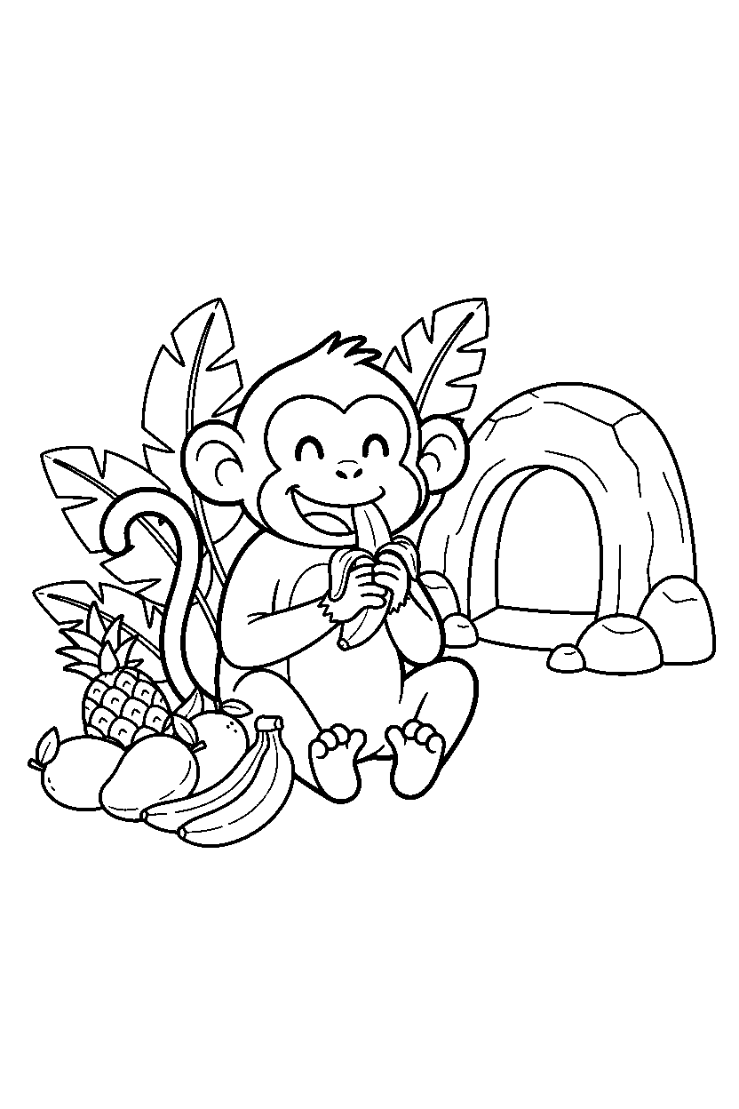 monkey eating happily near a cave line art