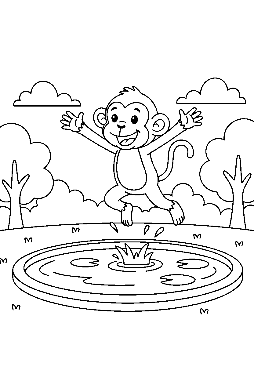 monkey hopping happily at a park pond line art