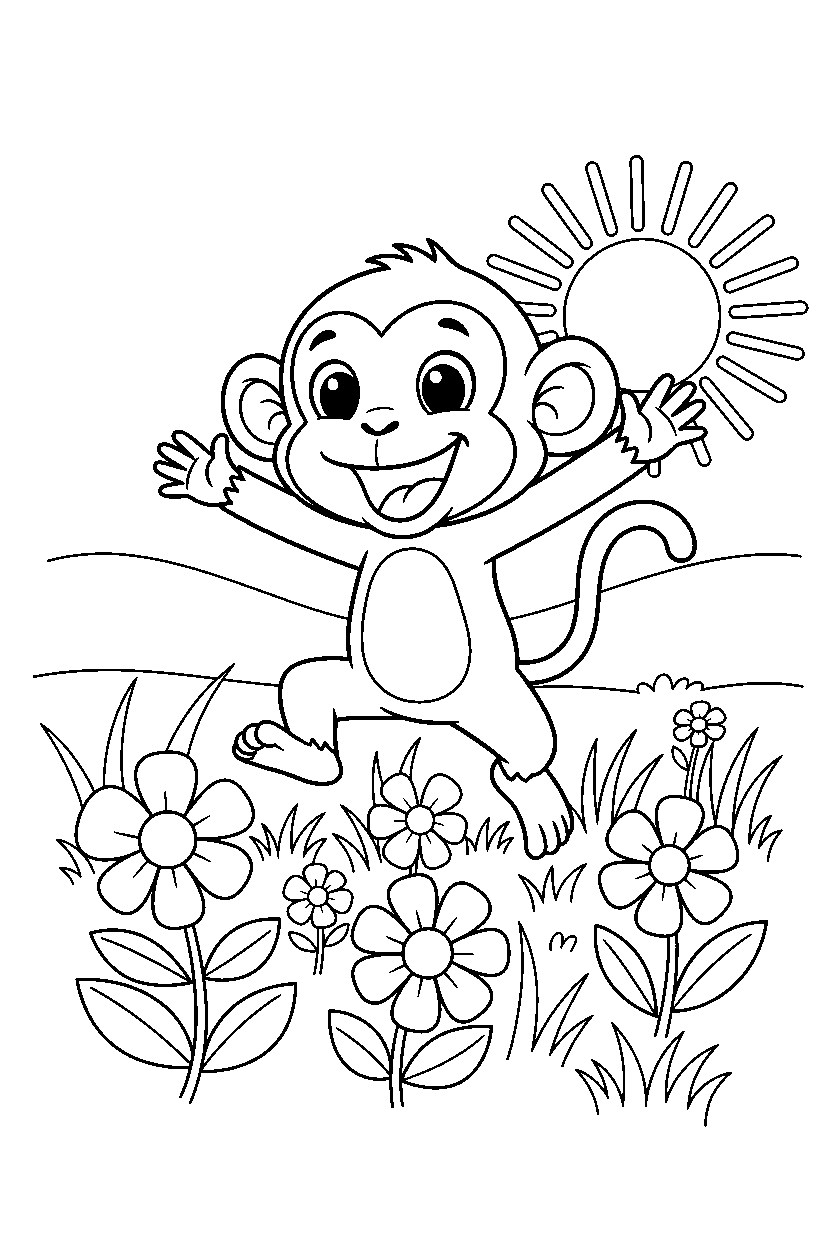 monkey hopping happily in a flower meadow line art