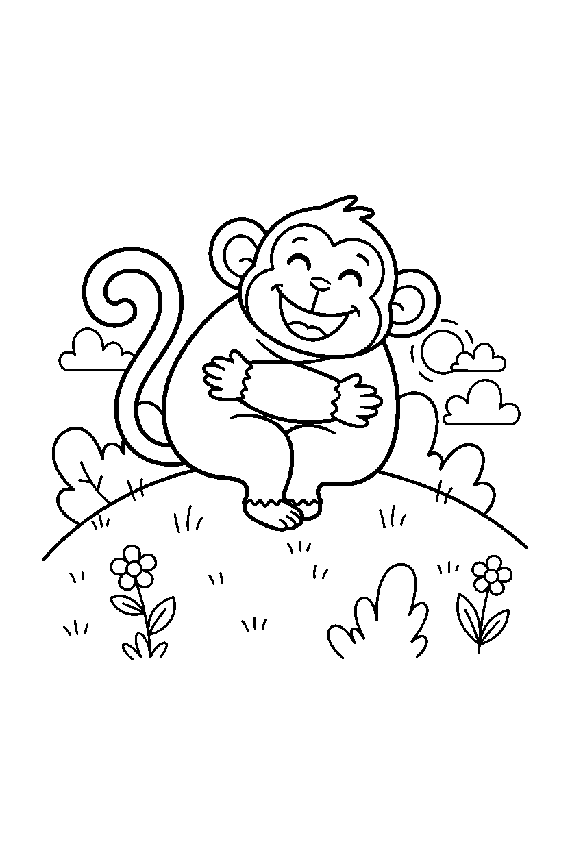 monkey hugging happily on a grassy hill line art