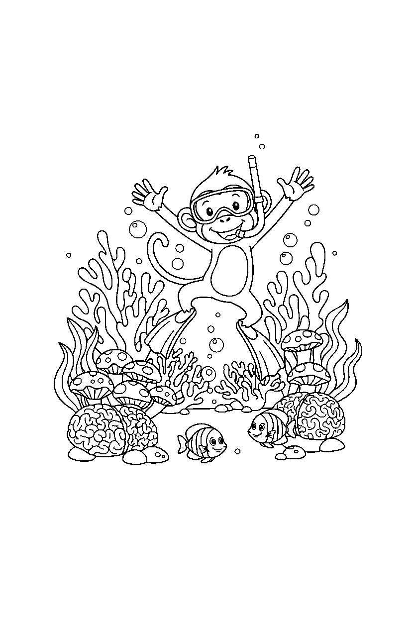 monkey jumping playfully in a coral reef line art