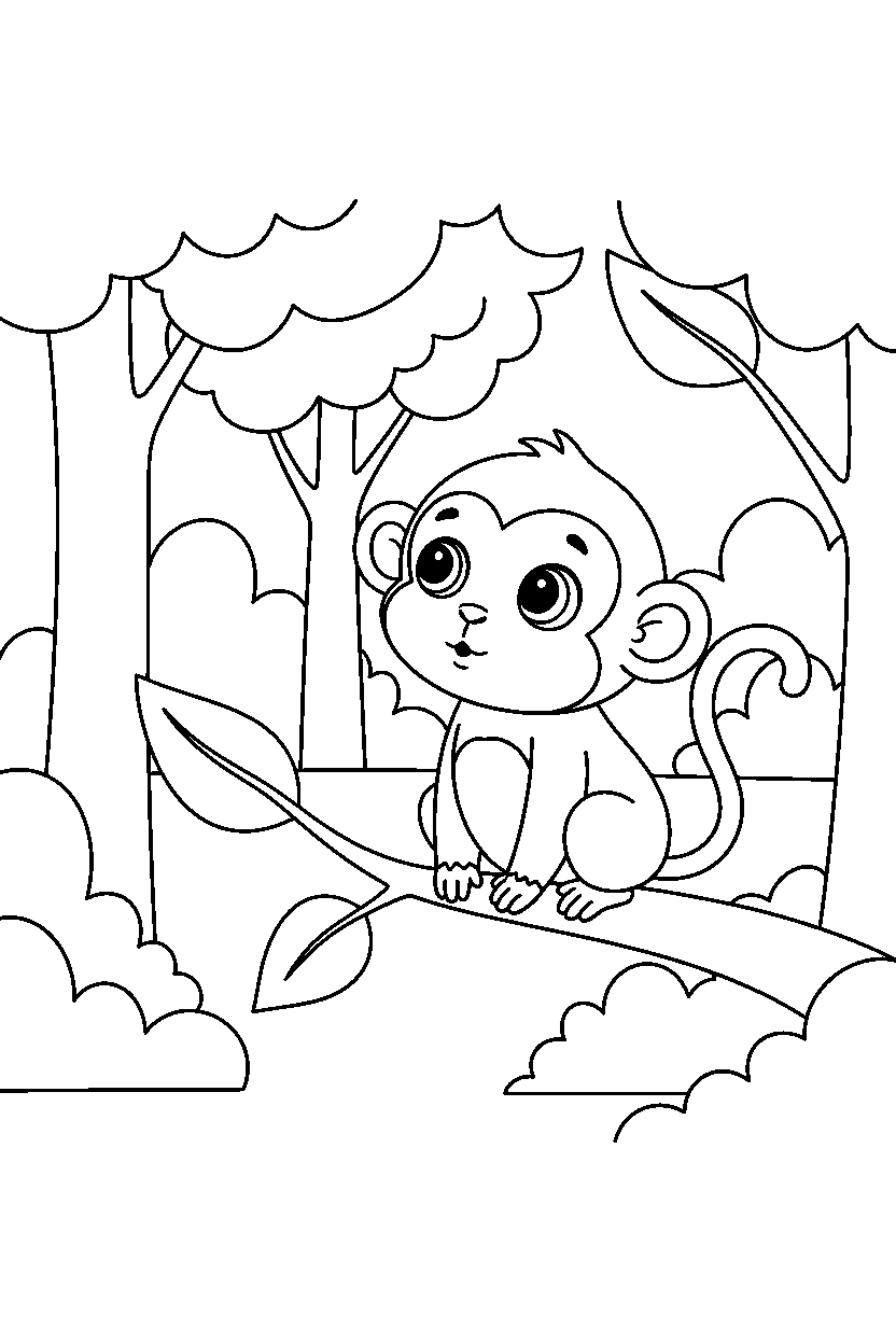 monkey looking curious in a forest line art