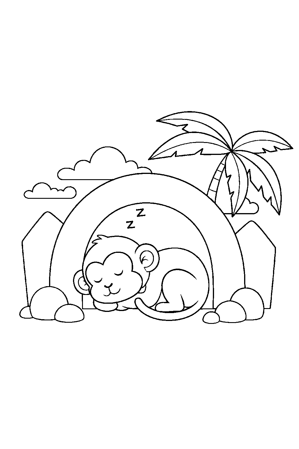 monkey napping calmly near a cave line art