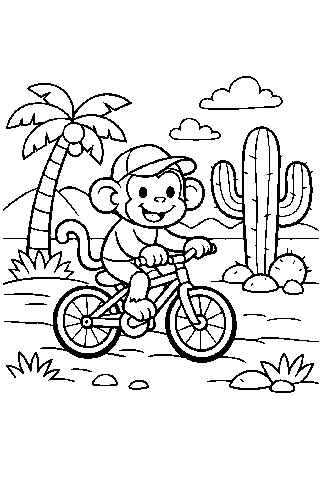 monkey riding a bicycle in a tropical jungle line art