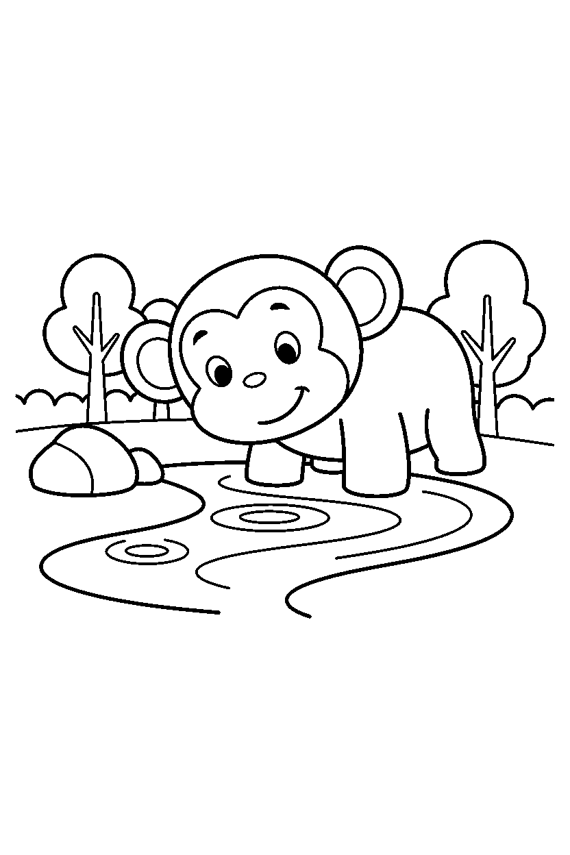 monkey tilting head near a stream line art
