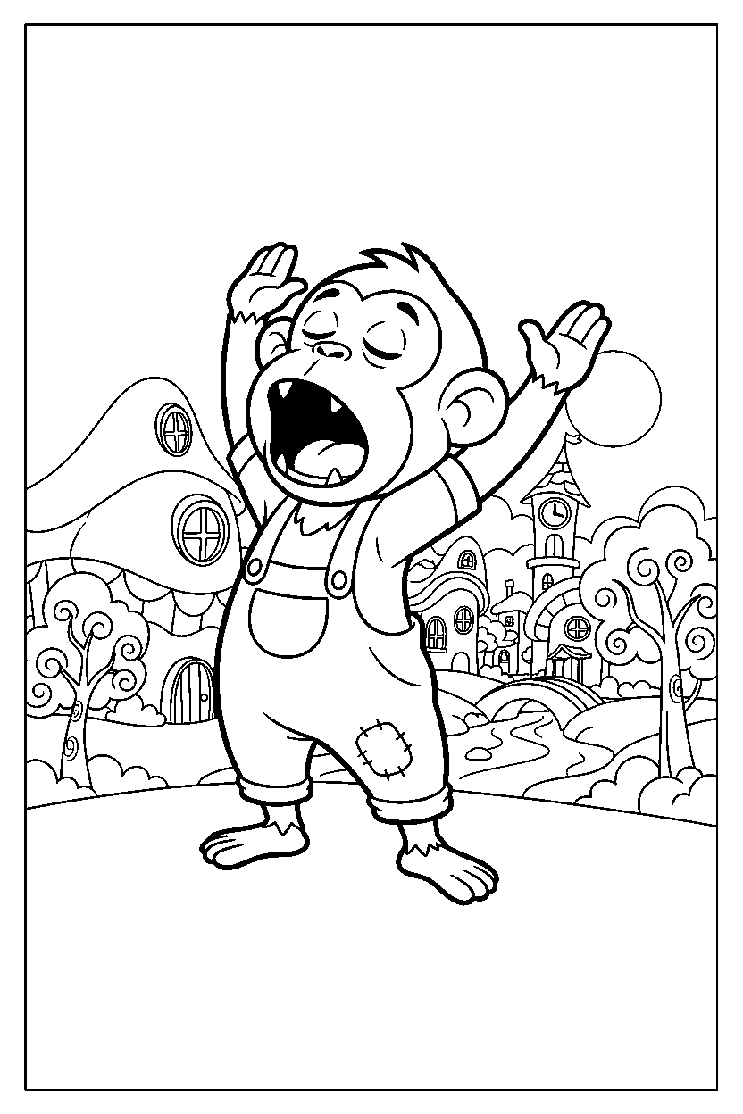 monkey yawning sleepily in a cartoon village line art