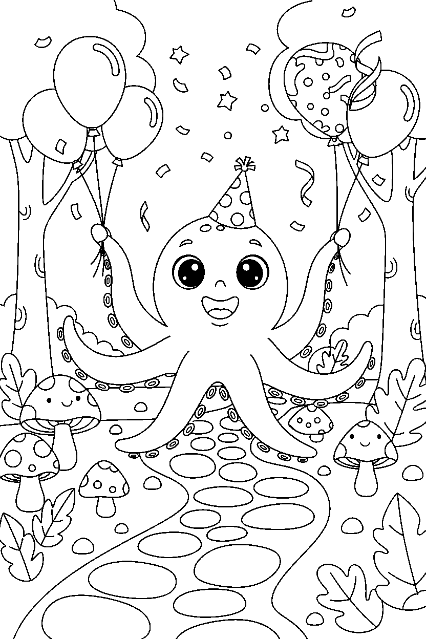 octopus celebrating happily on a forest trail line art