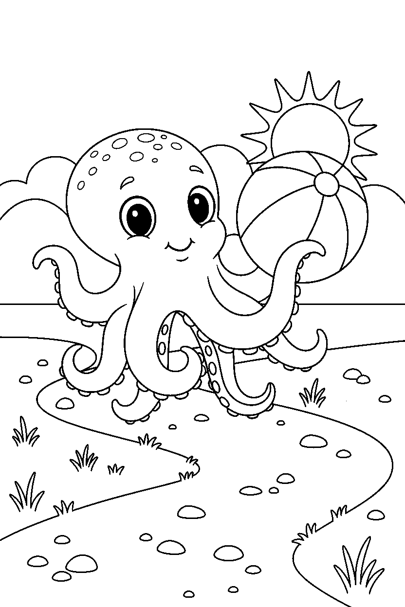 octopus holding a ball on a dirt path line art