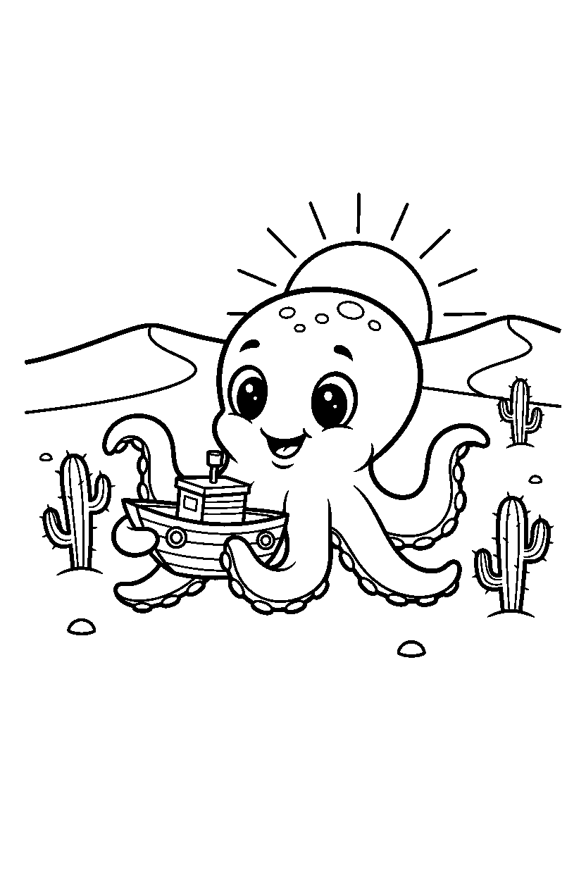 octopus holding a toy in a desert line art