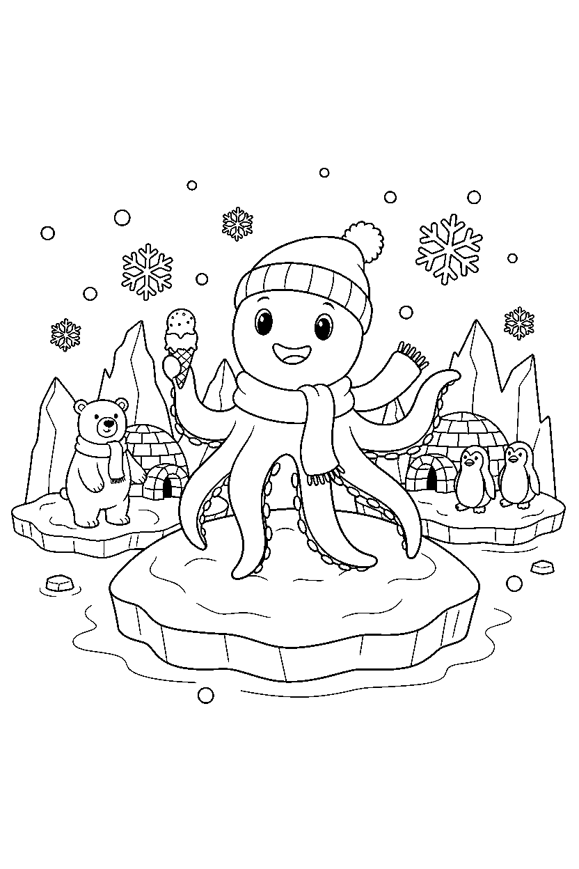 octopus standing happily in a polar landscape line art