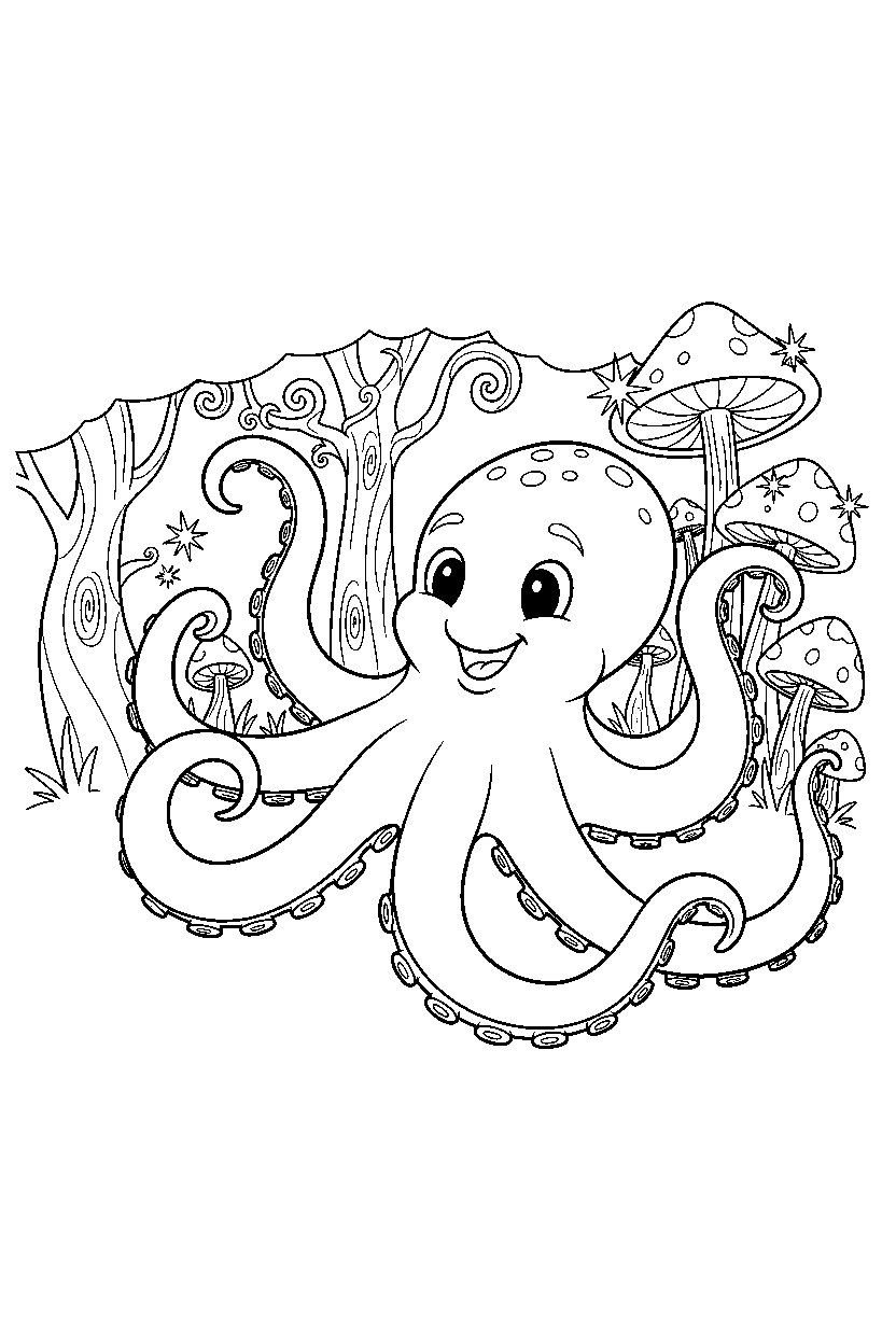 octopus stretching playfully in a magical forest line art