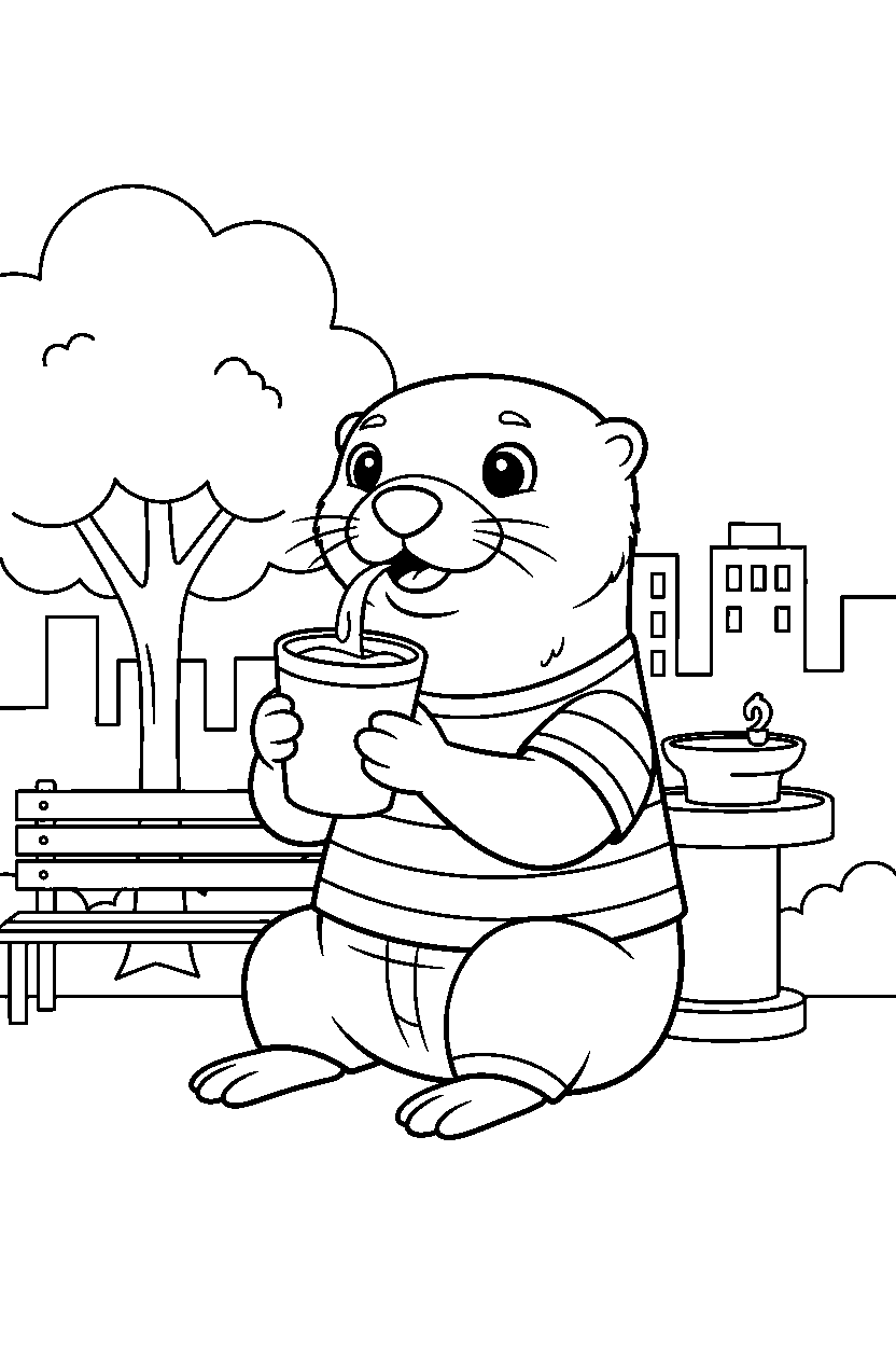 otter drinking water in a city park line art