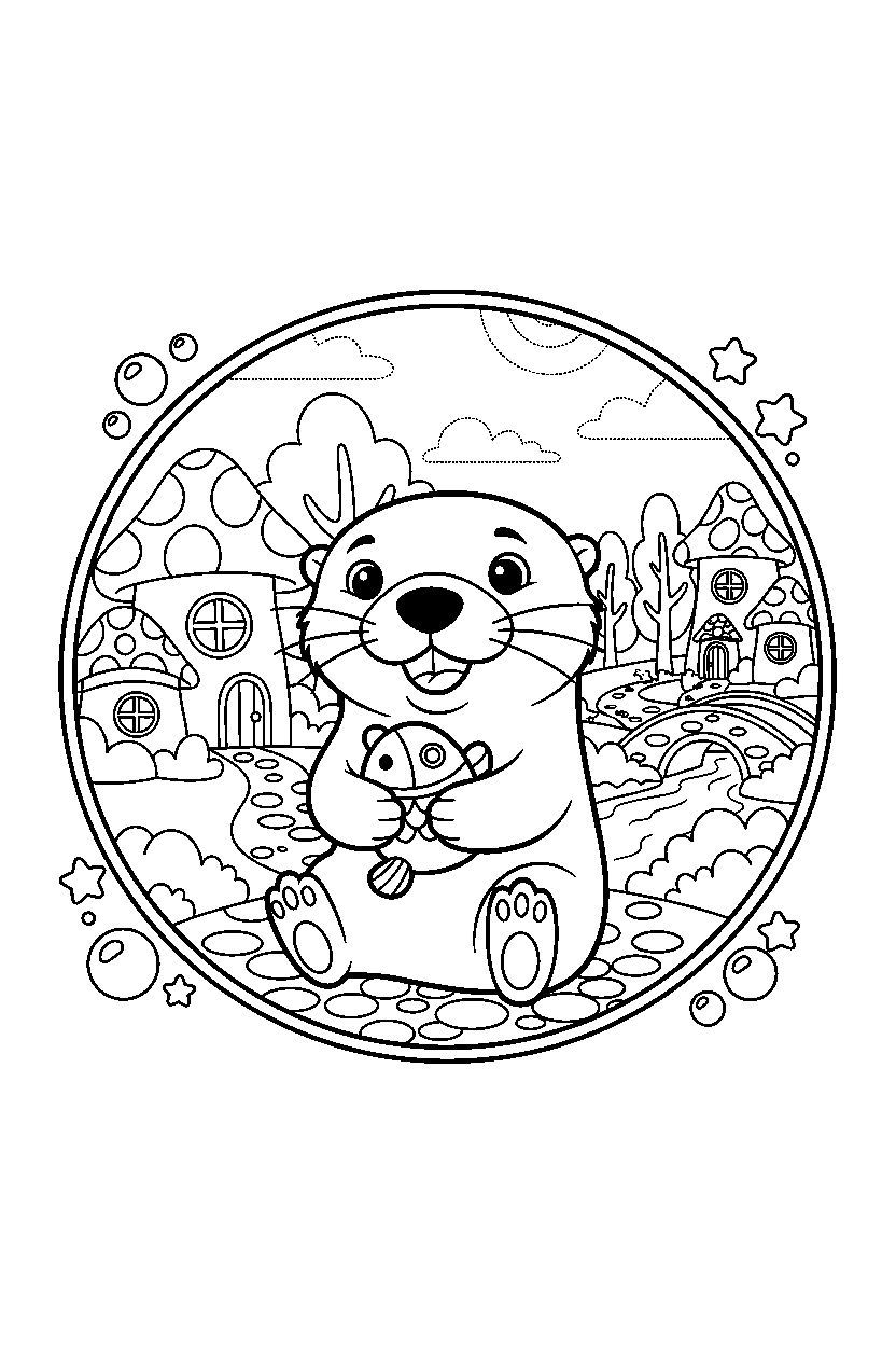 otter holding a toy in a cartoon village line art