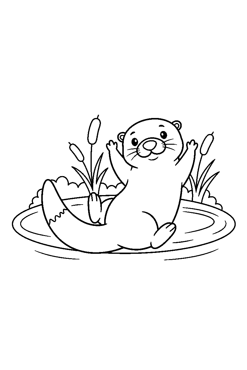 otter stretching playfully near a lake line art