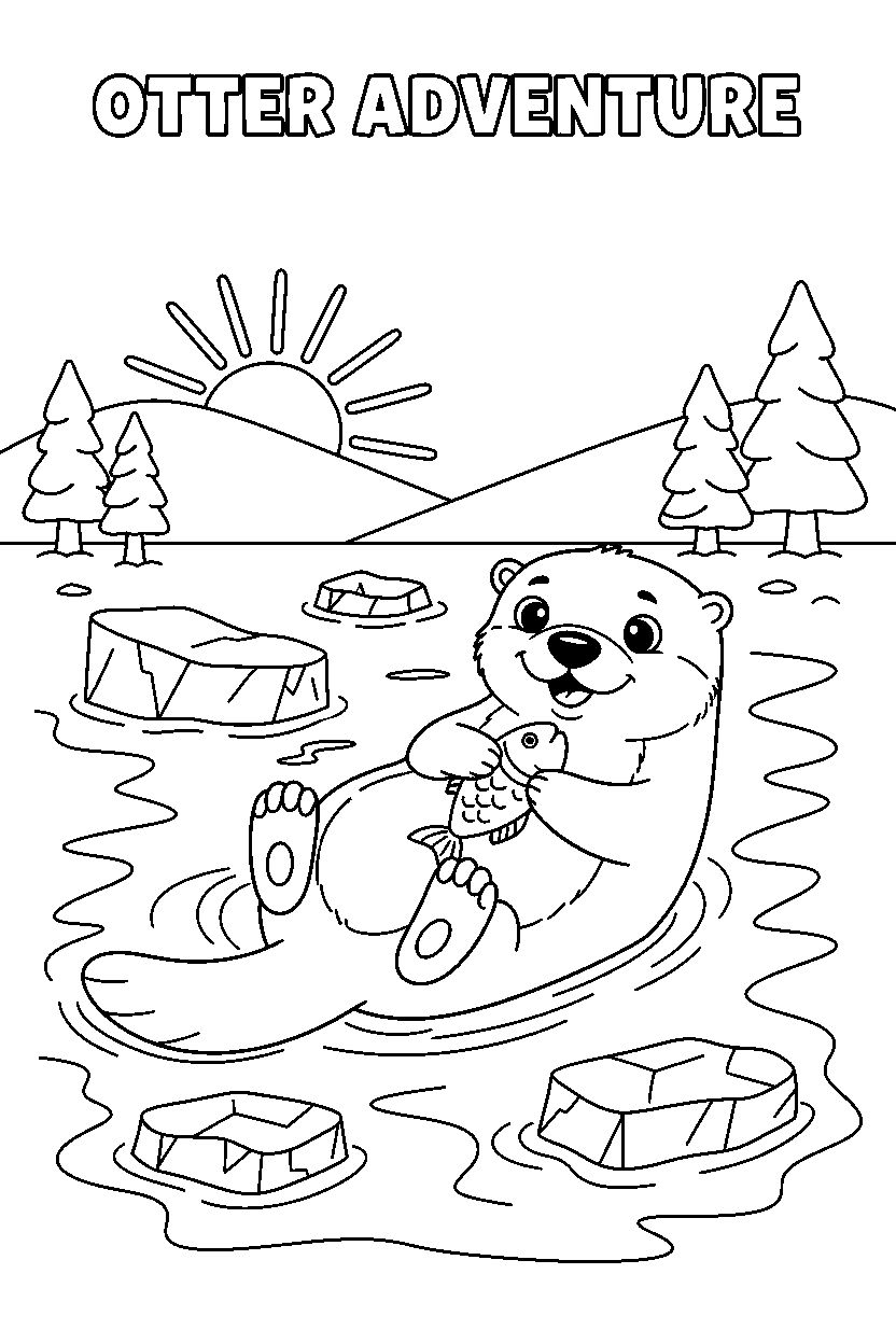 otter swimming on an ice lake line art